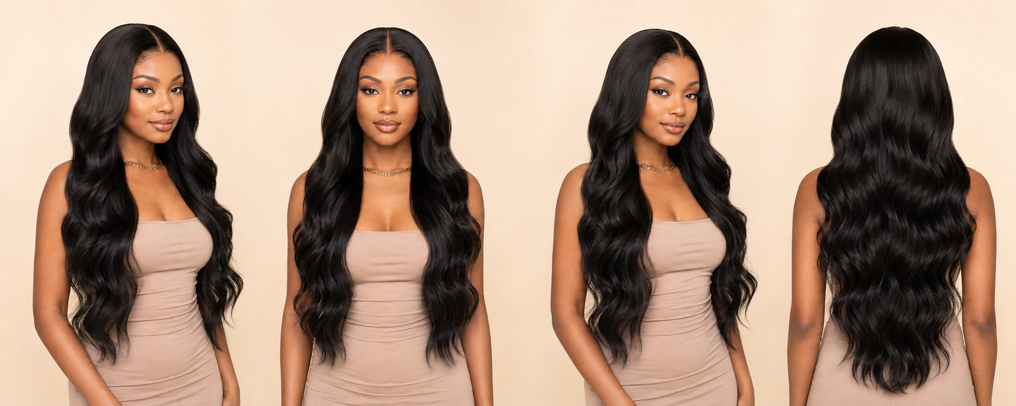 Zelaver Wigs black body wave wig front side and back views